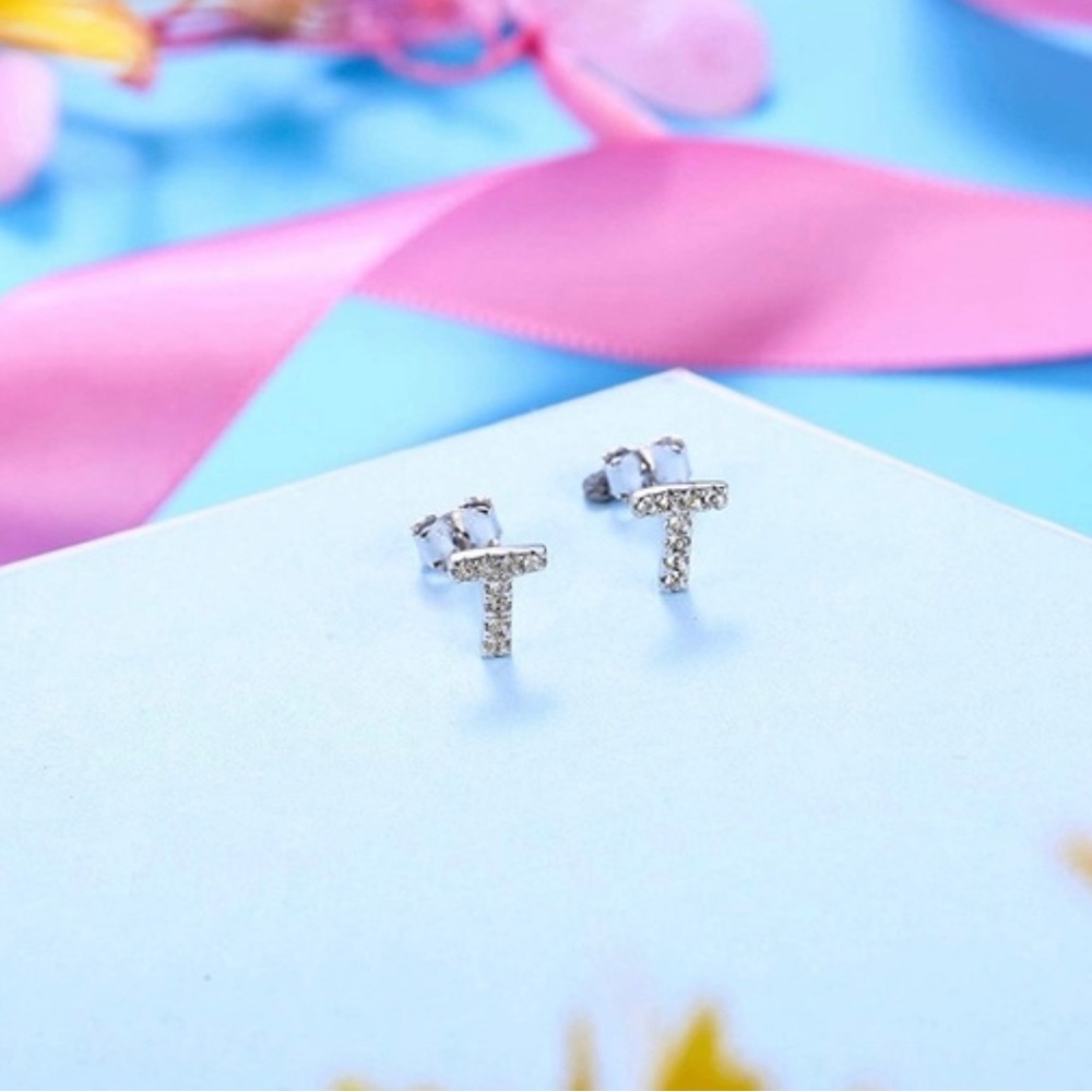 CZ Initial Stud 925 Sterling Silver Letter “T”